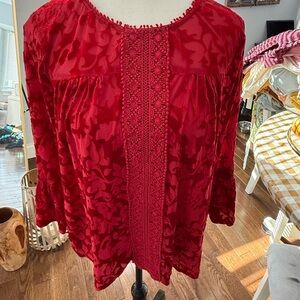 JohnPaulRichard Red Velvet Floral Blouse Bell Sleeve Valentine’s Day